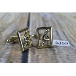 Gold Metal Figure Playing Bowls In Frame Cuff Links Ten Pin or Crown Green 7/8" x 5/8"