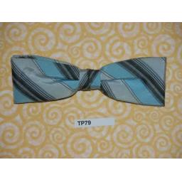 Vintage Clip On Bow Tie Pale Blue, Grey & Black Striped