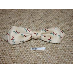 Vintage Clip On Pointed End Bow Tie Cream with Green & Burgundy Pattern