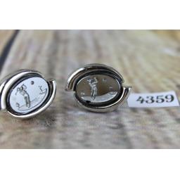 Oval Silver Metal Cuff Links With Large Engraved Glass Golfer Centres 1" Length