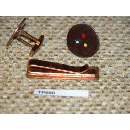 Vintage Enamelled Copper Cuff Links & Tie Clip Set Dark Brown