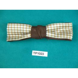 Vintage Boy's Ivory & Tan Check Over Brown Double Bow Square End Clip On Bow Tie
