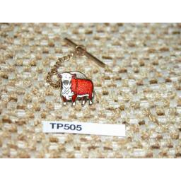 Vintage Enamelled Bull Cow Red & White Gold Metal Tie Pin With Chain