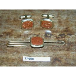 Vintage Cuff Links & Tie Clip Set With Goldstone