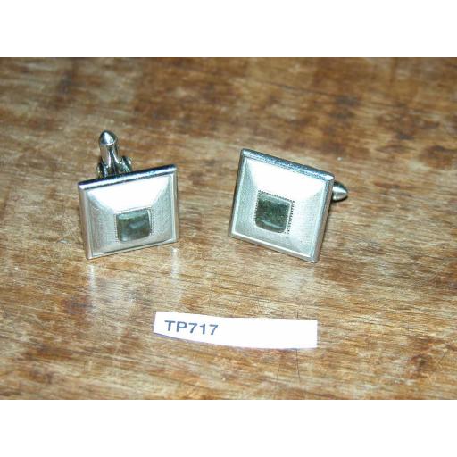 Vintage Swank Square Pyramid with Inset Green Stone Cuff Links