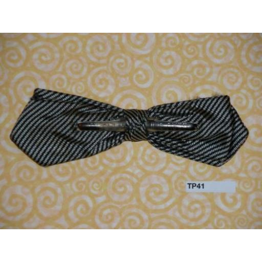 Vintage Clip On Silver and Black Stripe Silk Bow Tie