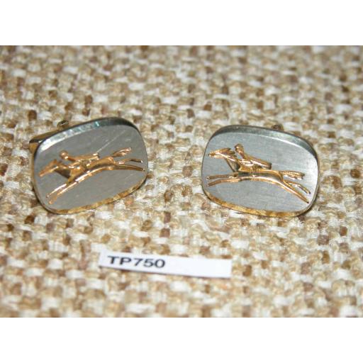 Vintage Horse Racing Brushed Silver Metal & Gold Tone Engraved Cuff Links