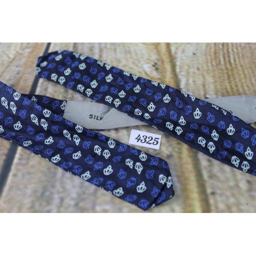 Vintage All Silk Blue Navy Pattern Self Tie Arrow End Skinny Bow Tie