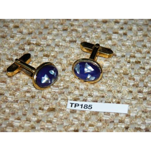 Vintage Cuff Links Gold Metal WIth Blue And Pearl Oval Art Glass Stones TP185