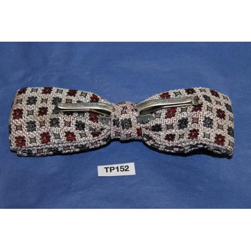 Vintage Cream Burgundy & Grey Square Pattern Square End Clip On Bow Tie