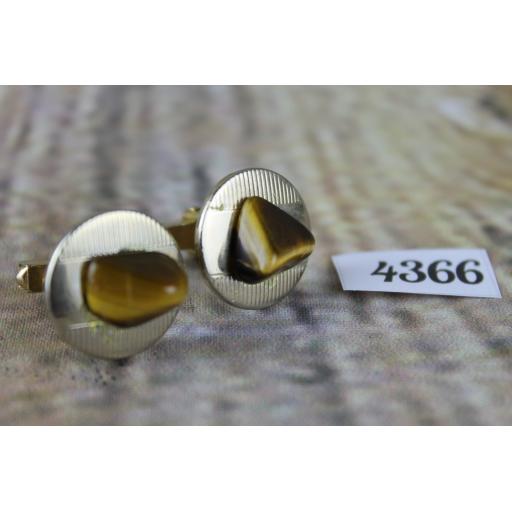 Vintage Round Gold Metal Cuff Links With Tigers Eye Stones 3/4" Diameter