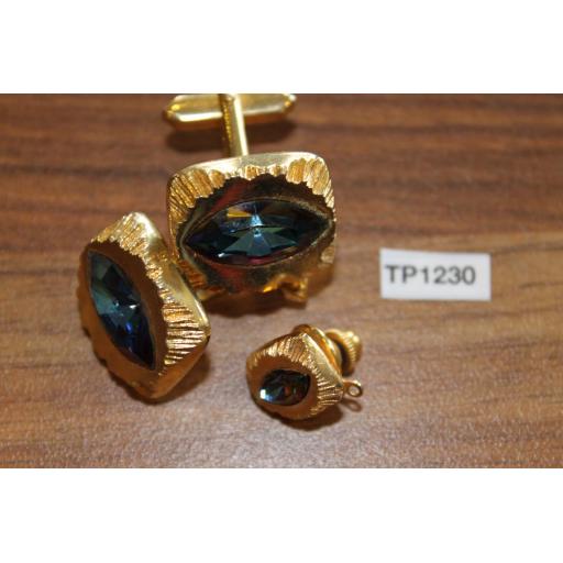 Vintage 1980s Bling Gold Metal Cufflinks & Tie Clip Set Iridescent Faceted Glass Stones