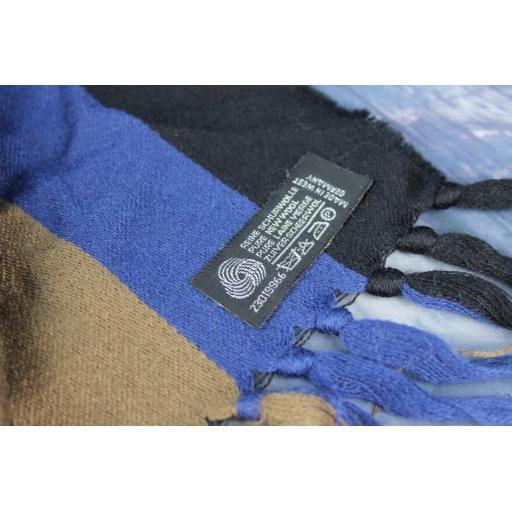 Vintage German Pure Wool Black Camel & Blue Striped Scarf
