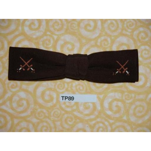 Vintage Clip On Bow Tie Small Narrow Brown With Crossed Sword Motif