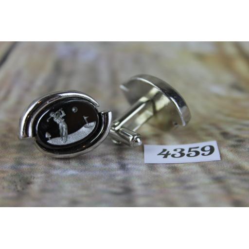 Oval Silver Metal Cuff Links With Large Engraved Glass Golfer Centres 1" Length