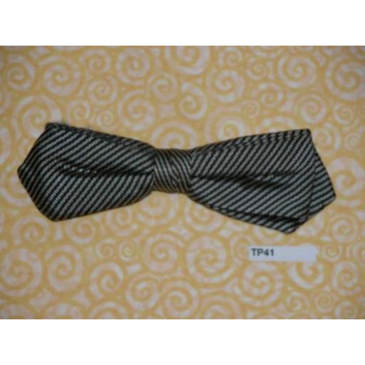 Vintage Clip On Silver and Black Stripe Silk Bow Tie