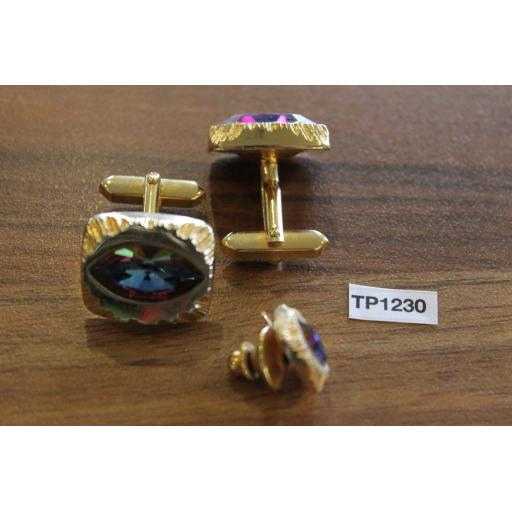 Vintage 1980s Bling Gold Metal Cufflinks & Tie Clip Set Iridescent Faceted Glass Stones