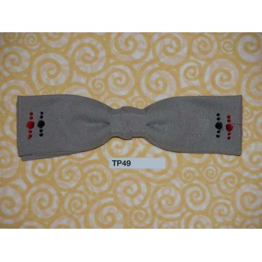 Vintage Clip On Bow Tie Grey With Black & Red Symetrical Pattern Square End