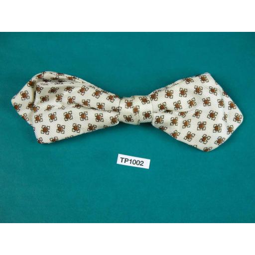 Vintage Ivory & Brown Small Pattern Arrow End Clip On Bow Tie