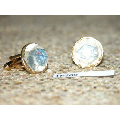 Vintage Cuff Links Gold Metal Large Round Faceted Glass Stones TP209