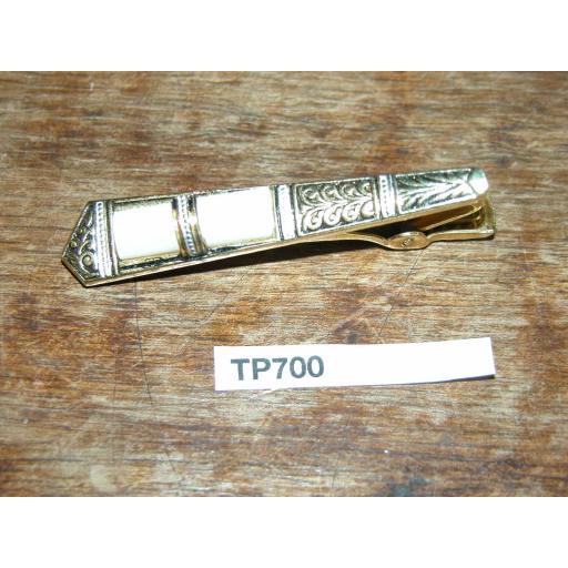 Vintage Gold Metal Detailed Tie Clip Barred White Pearlised Lucite